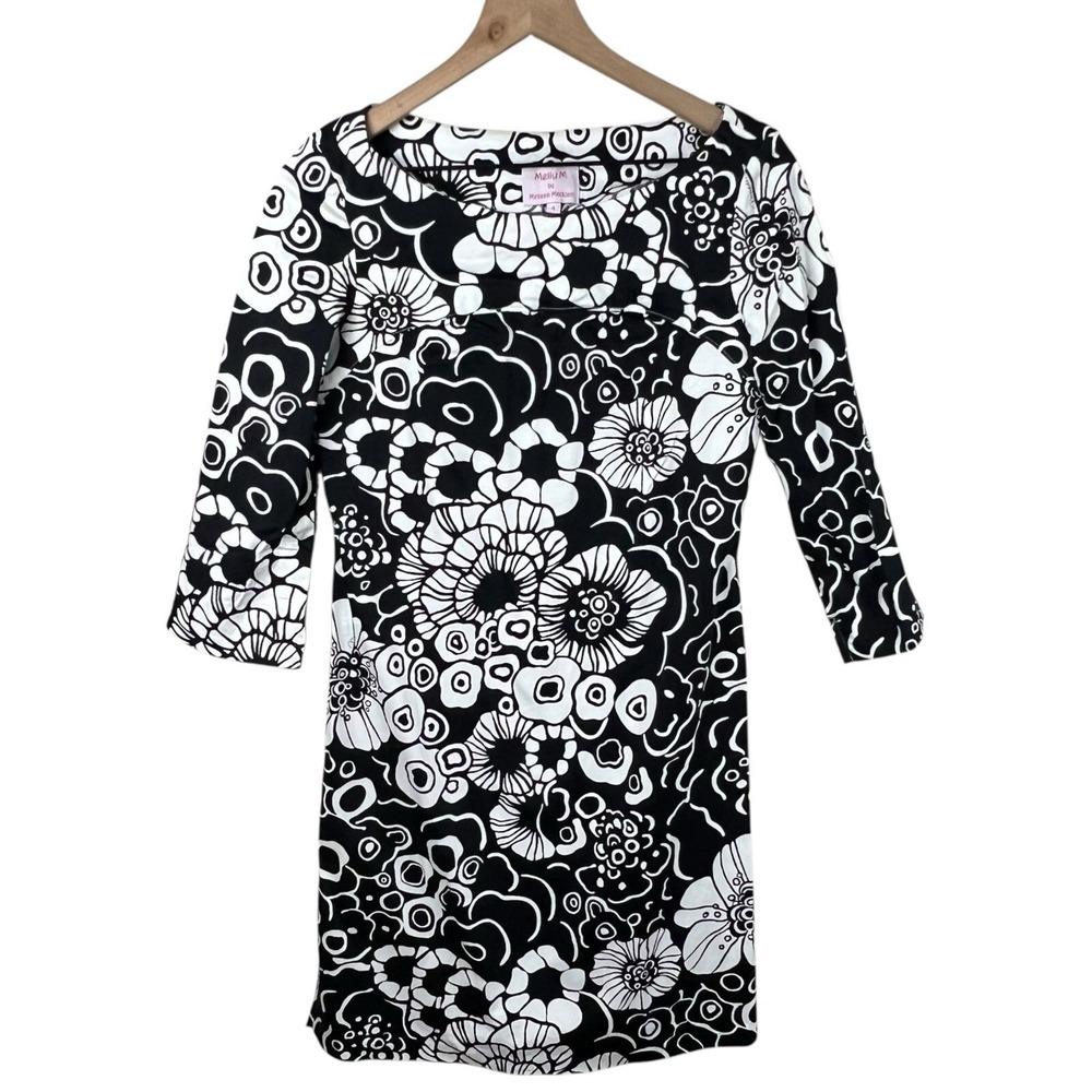 Melly M Womens 4 Black White Floral‎ 3/4 Sleeve Boat Neck Sheath Dress